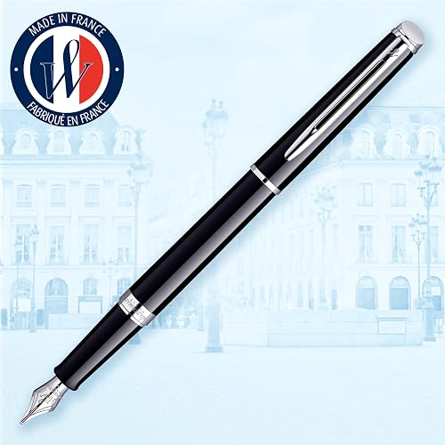 Waterman Hémisphère Fountain Pen | Gloss Black with Chrome Trim | Medium Nib | Blue Ink | Gift Box - 2