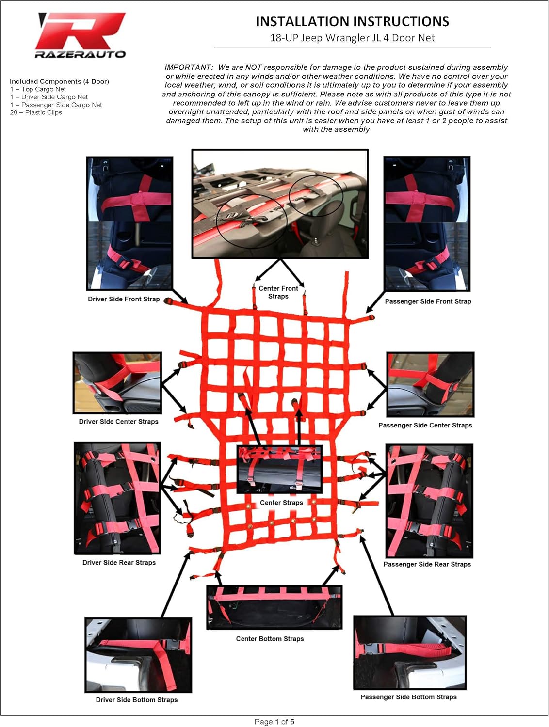 Black Cargo Net Rear Restraint Net Trail System for 2018 to 2021 Jeep Wrangle JL