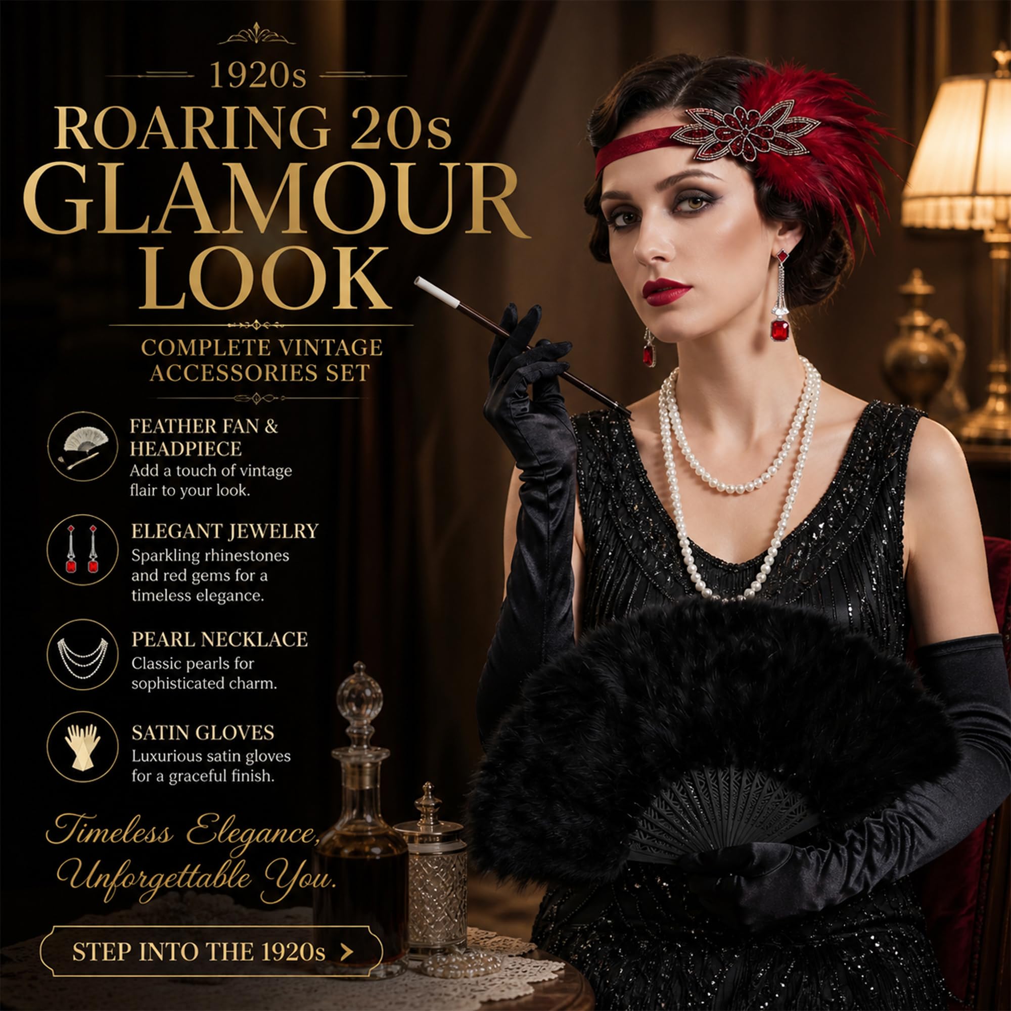 1920s Flapper Accessories Set for Women Great Gatsby Costume Accessories, Red - Image 5