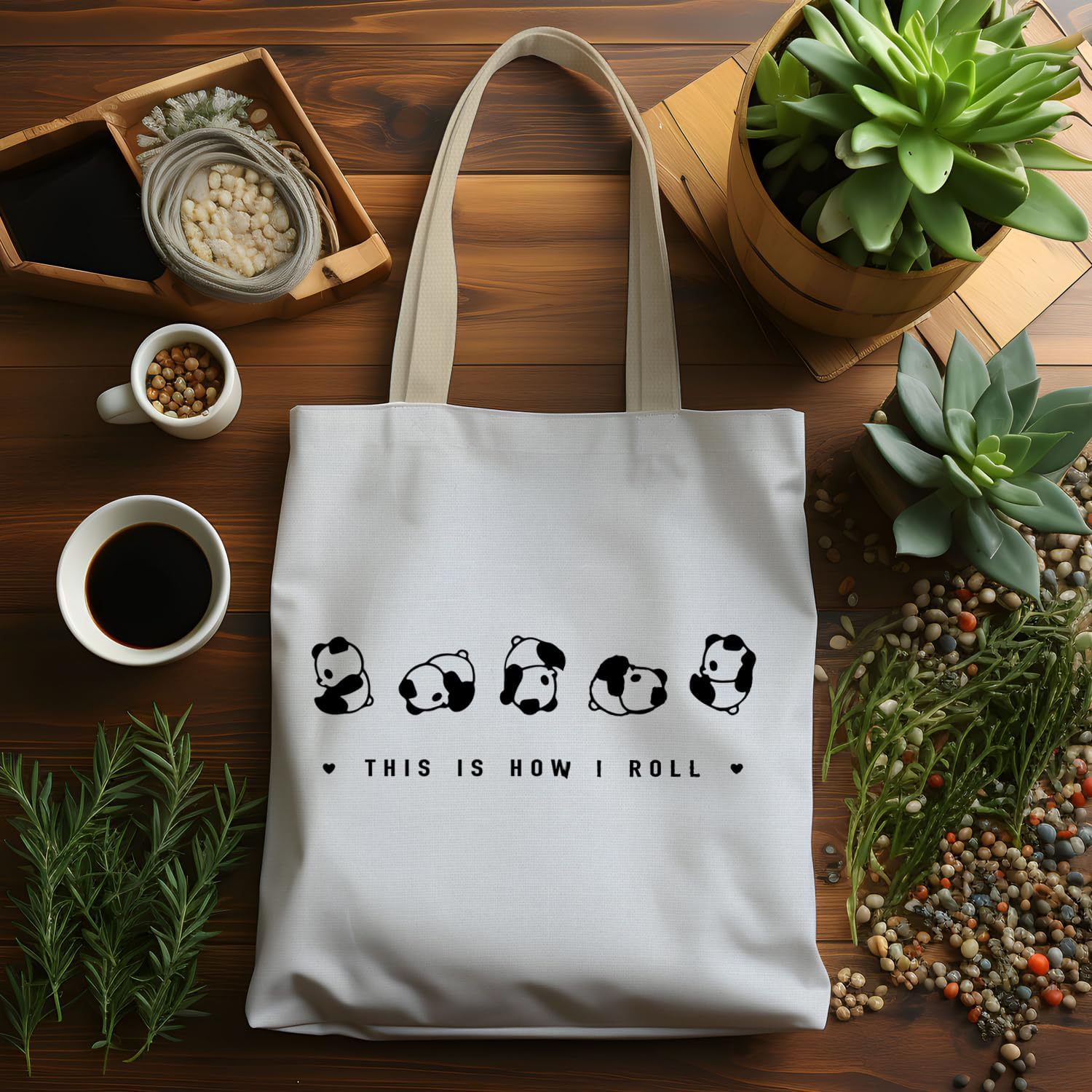 Cute Panda Canvas Tote Bags, Reusable Grocery Bags, White, 15" x 13" x 25", Unisex Adult - Image 3