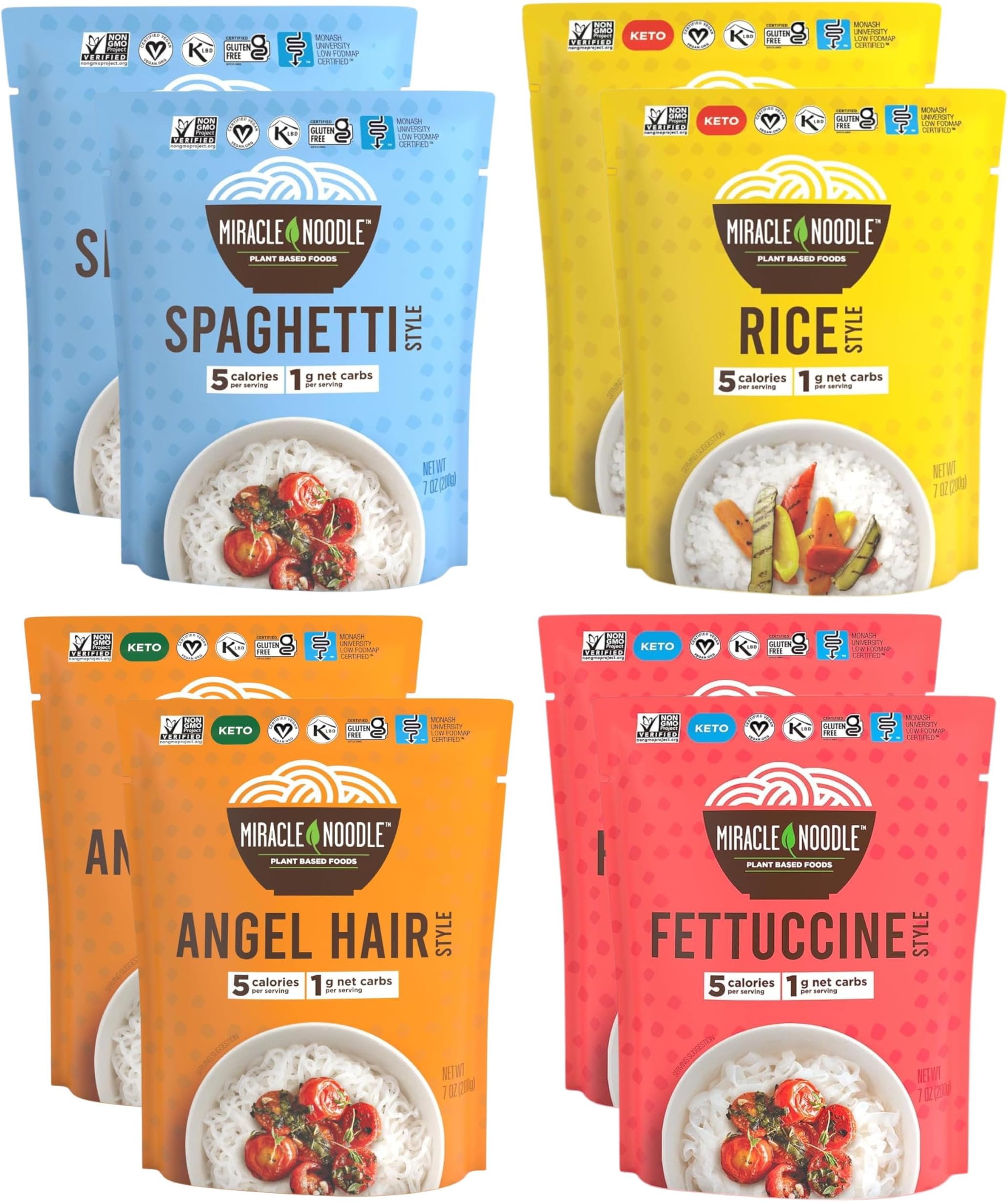 Miracle Noodle Ready to Eat Variety Pack, 7 Oz (Pack of 8), Angel Hair, Fettuccine, Spaghetti & Rice, Plant Based Shirataki Konjac Noodles, 5 Calories, Low Carb, Keto, Gluten-Free