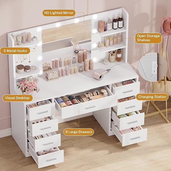 FIONESO Vanity Desk with Mirror and Lights, Makeup Vanity with 9 Drawers, 4 Shelves & 5 Jewel Hooks, White Vanity with Outlet & 3-Color Dimmable LED, Dressing Table for Women, Bedroom, White