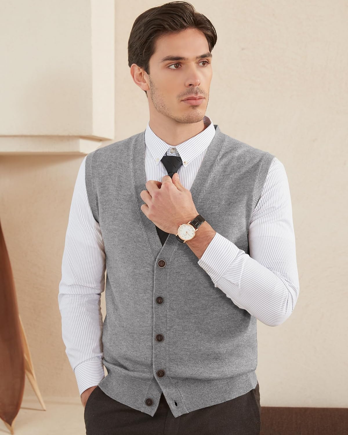 Kallspin Men's Sweater Vest Wool Blend V-Neck Button Sleeveless Cardigan Vest Sweater - Image 3