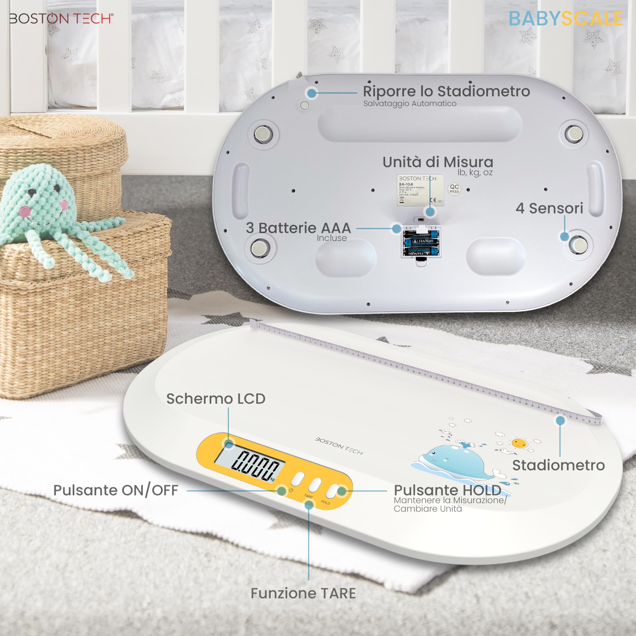 Bilancia Digitale per Neonati e Bambini Boston Tech BA104 con Stadiometro Integrato – Precisione 5g, Funzione TARA e HOLD, Display LCD Retroilluminato, Portata 20 kg, Batterie Incluse