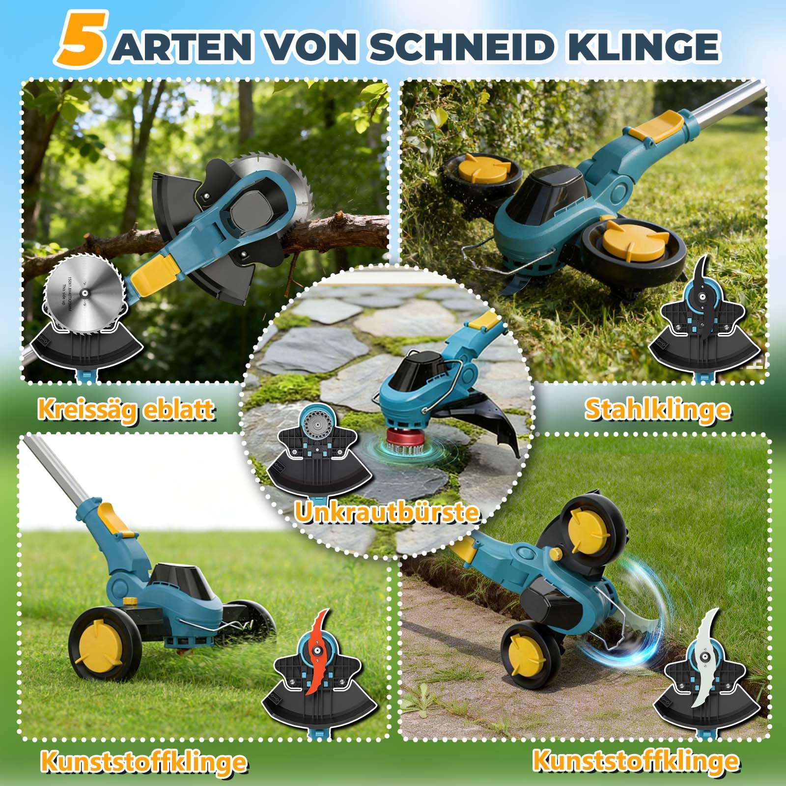 Akku Rasentrimmer für Makita-Akkus, Rasentrimmer mit Unkrautbürste | 2 x 4.0Ah Akku, 4 Klingentypen, Bürstenloser Freischneider, Rasenkantenschneide