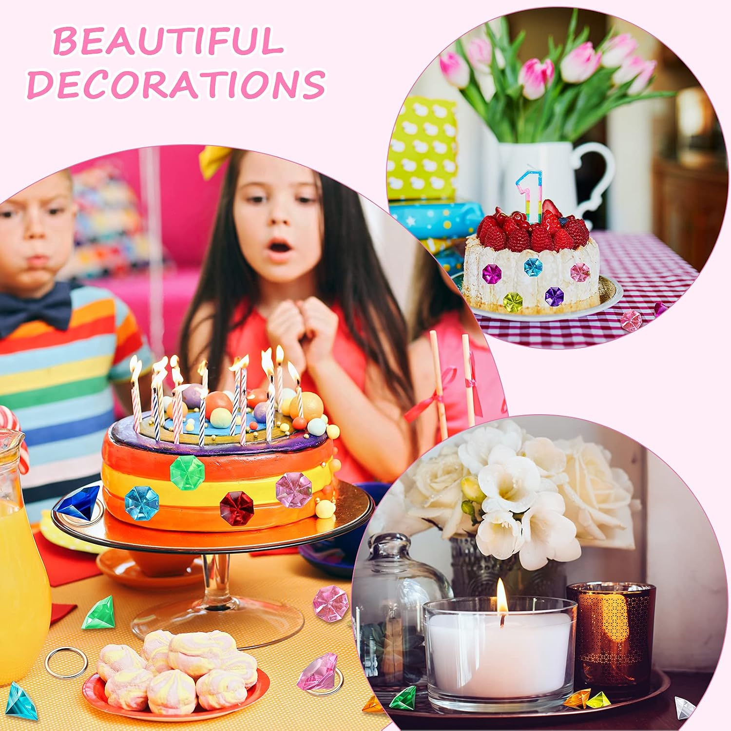Chalyna 70 Pcs Acrylic Gem Alloy Gold Round Decor Set with Gift Bag for Birthday Party Supplies 7.9 x 11.8 Inch