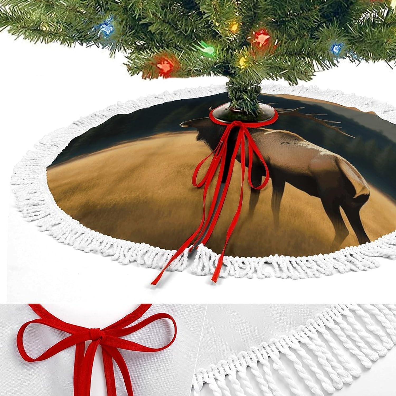 Christmas Tree Skirt Cute Xmas Trees Mat Skirts Personalization Christmas Round Tree Skirts for Holiday Party Decorative Supplies Elk in The Meadow