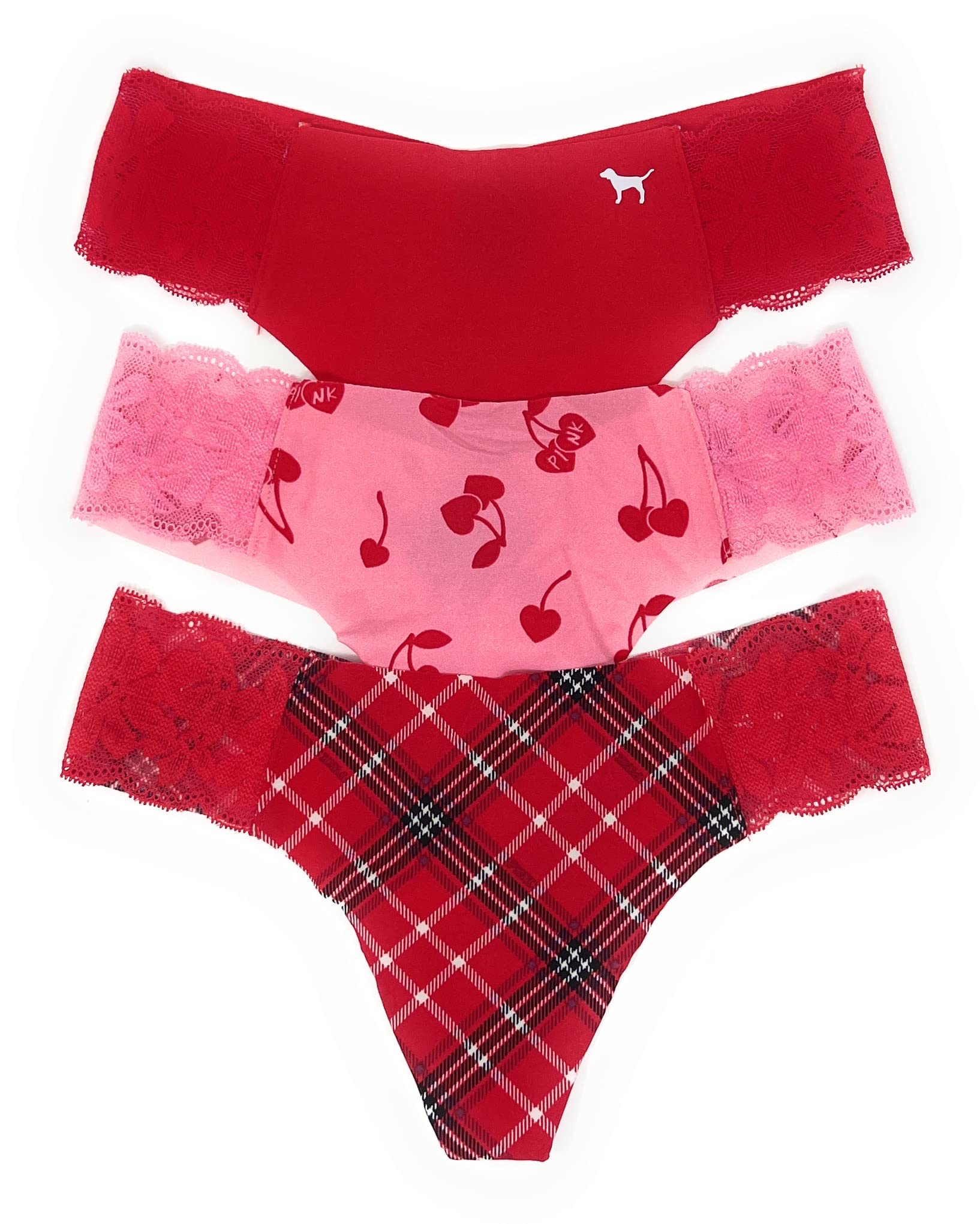 Victorias Secret PINK Thong Panty Set of 3 Small No-show Red Lace Cherries Lace Red Plaid Lace