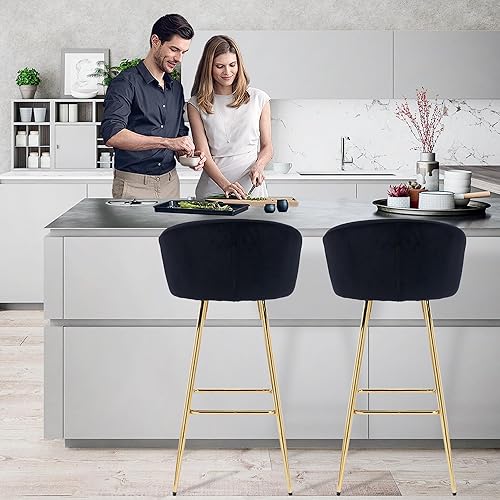 Miniatura 6 de Juego de 4 taburetes de bar de 30 pulgadas, taburetes de bar de altura de mostrador con respaldo tapizado de terciopelo con patas doradas, taburete