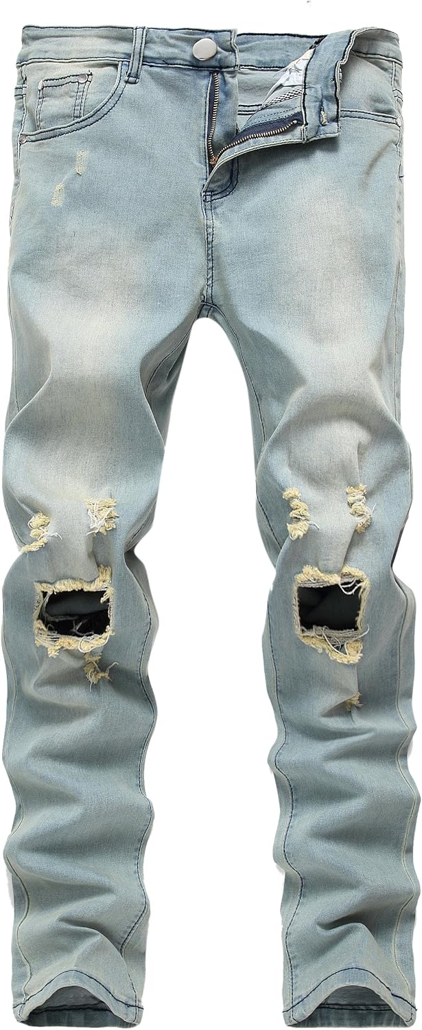Qazel Vorrlon Men's Light Blue Ripped Skinny Distressed Destroyed Slim Jeans Pants with Holes