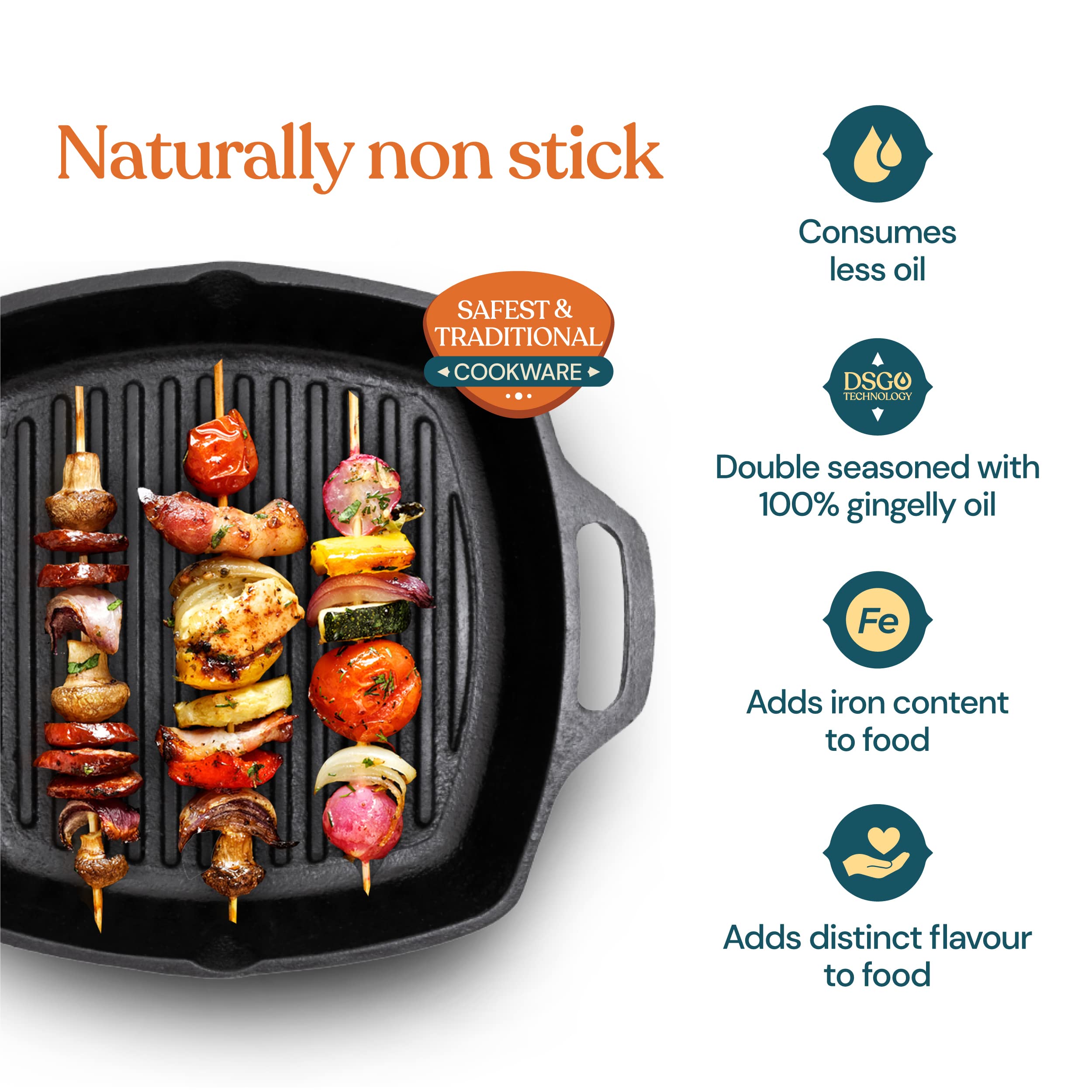 Bhagya Cast Iron Cookware Grill Pan Pre-Seasoned | Non-Stick Barbeque/Sandwich Maker/Tandoor Grill Pan | Induction & Gas Compatible | Non-Toxic - (10in, Looped Handle) 1