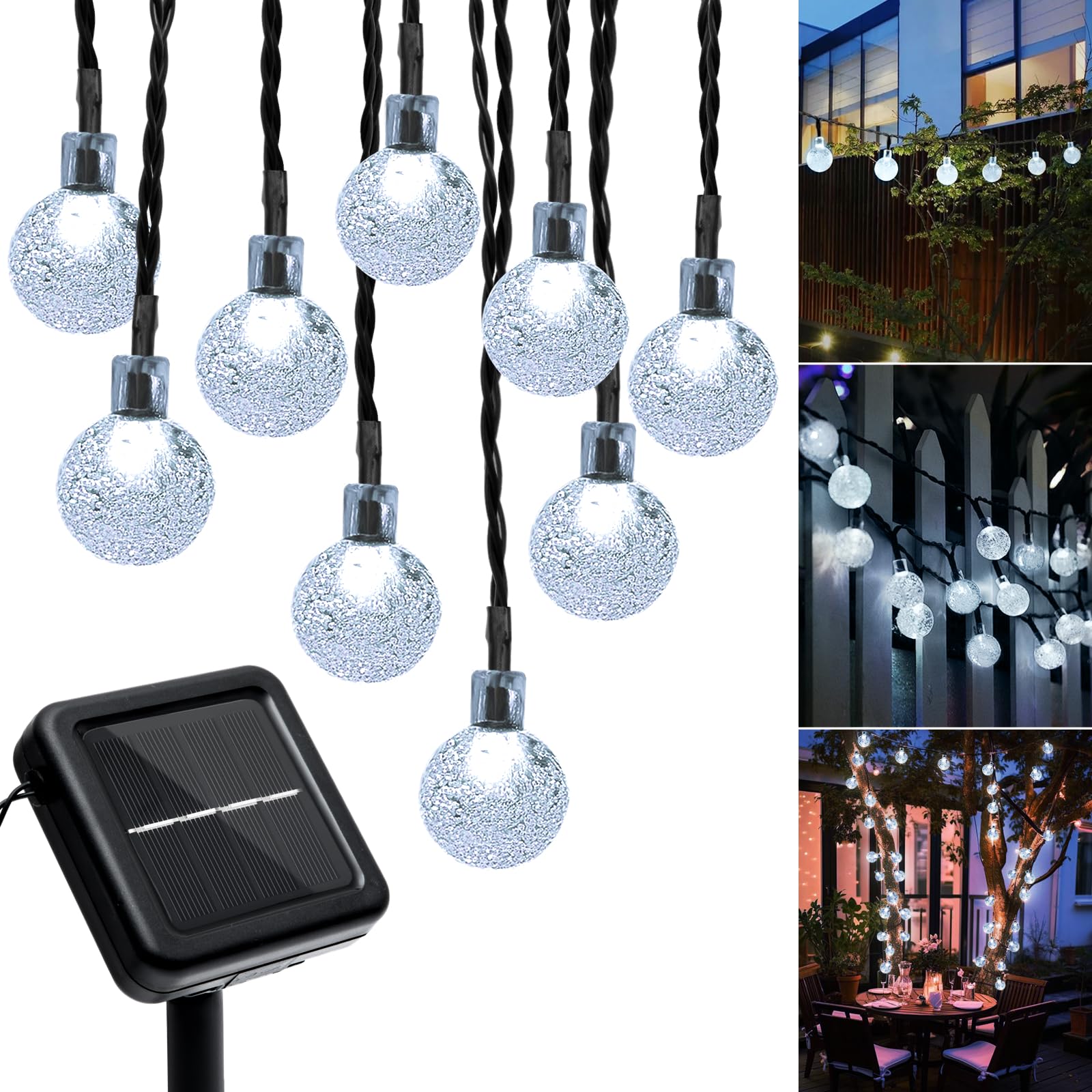 Guirnalda de luces solares para exteriores, 66 luces LED de 46 pies con 8 modos, cadena de luces impermeables para jardín, árbol, valla, patio, porche, fiesta, decoración de Navidad (blanco