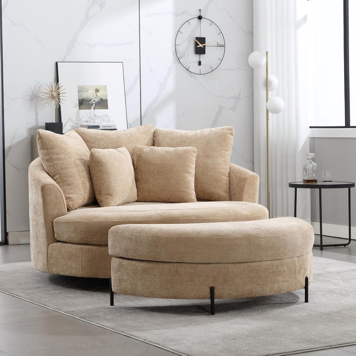 Aoiy & Wifon 59.8" W Oversized Barrel Chair with Ottoman, Round Chair with Ottoman, Extra Large Living Room Chair Set with Wheels, Knitted Chenille, Wheat Knitted Chenille Wheat Set