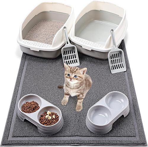 El kit de 7 piezas de caja de arena para gatitos incluye 2 cajas de arena para gatitos, 2 cuencos dobles para gatos, 1 tapete de arena grande