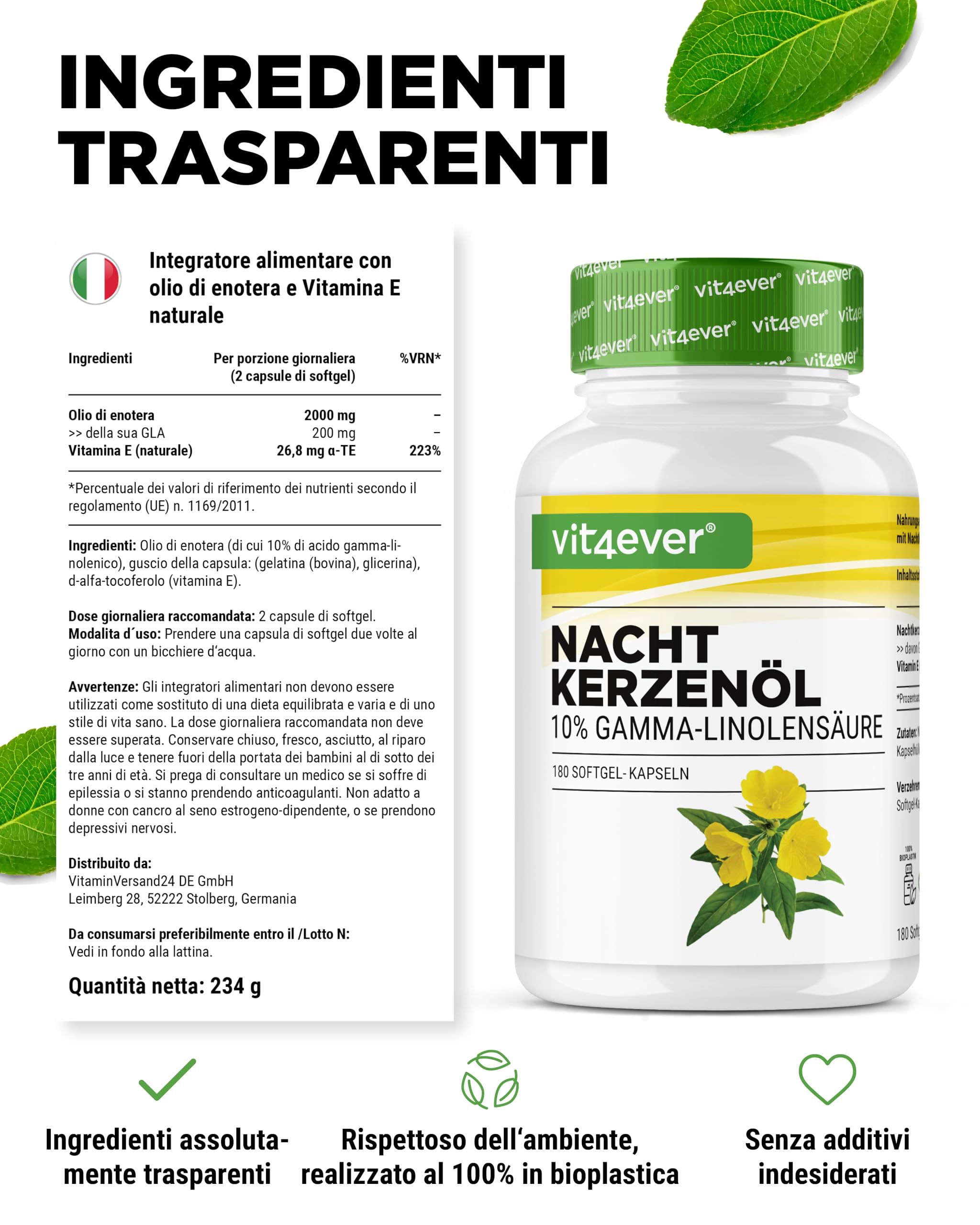 Olio di enotera - 180 capsule - Altamente dosato con 2000 mg per dose giornaliera - Premium: 10% acido gamma-linolenico GLA, con vitamina E naturale e pressato a freddo