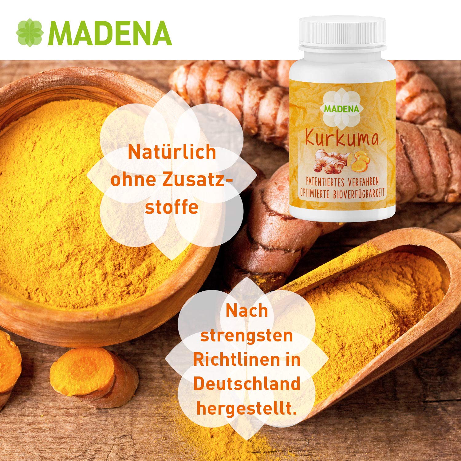 MADENA Kurkuma, Kurkumin hochdosiert, optimierte Bioverfügbarkeit, patentiertes Verfahren, bewusst ohne Piperin und Emulgatoren, vegan 50 Kapseln