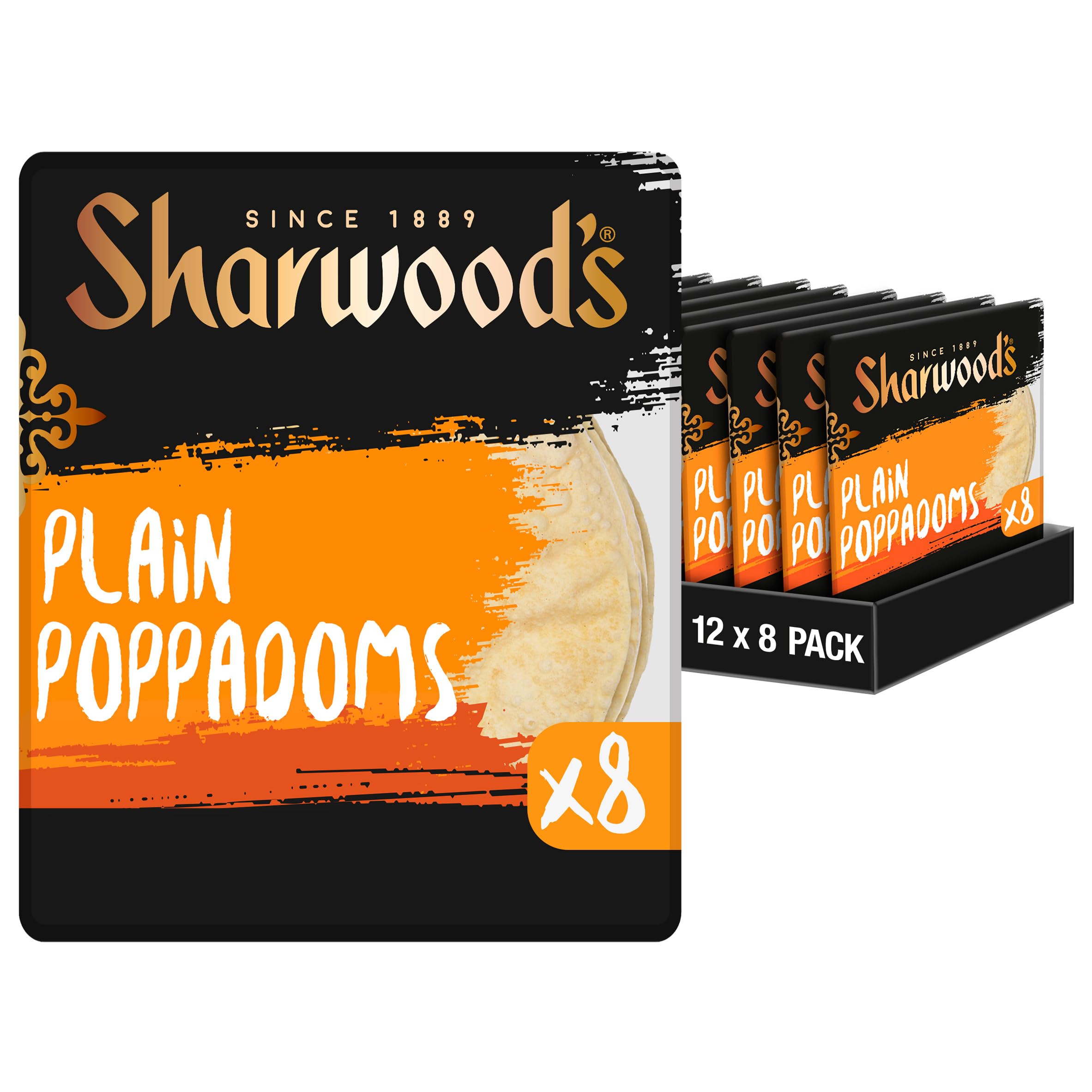 Sharwood's 8 Plain Poppadoms – Traditional Indian Snack, Crispy & Versatile, 8 Per Pack (Pack of 12 - Total 96 Poppadoms)