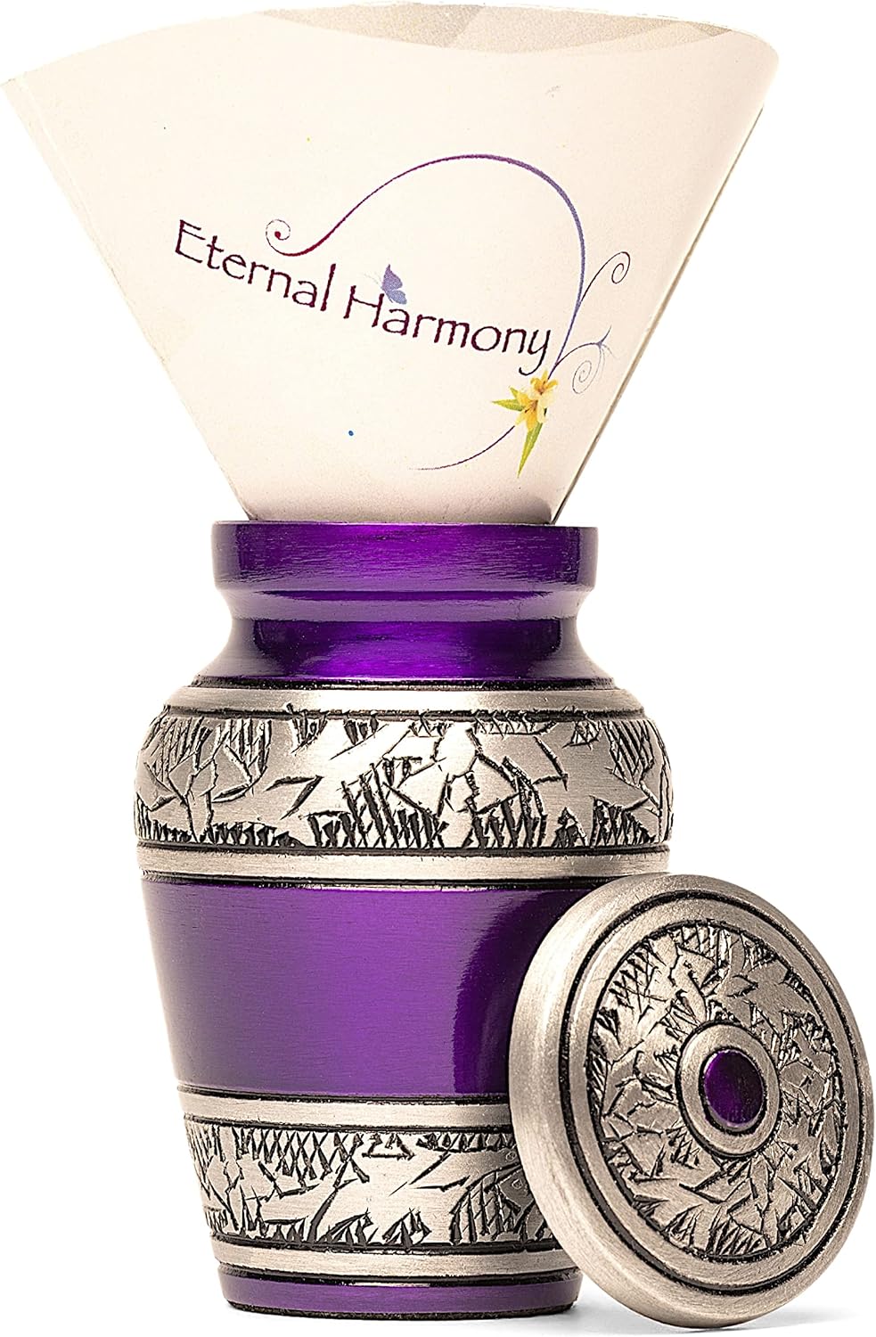 Eternal Harmony Small Keepsake Urn, Male & Female Small Cremation Urn for Human Ashes with Elegant Finishes, Secure Seal & Velvet Bag, Mini Urn for Men & Women Ashes Up to 3 Cubic Inches (Purple)