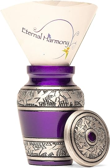 Eternal Harmony Small Keepsake Urn, Male & Female Small Cremation Urn for Human Ashes with Elegant Finishes, Secure Seal & Velvet Bag, Mini Urn for Men & Women Ashes Up to 3 Cubic Inches Purple