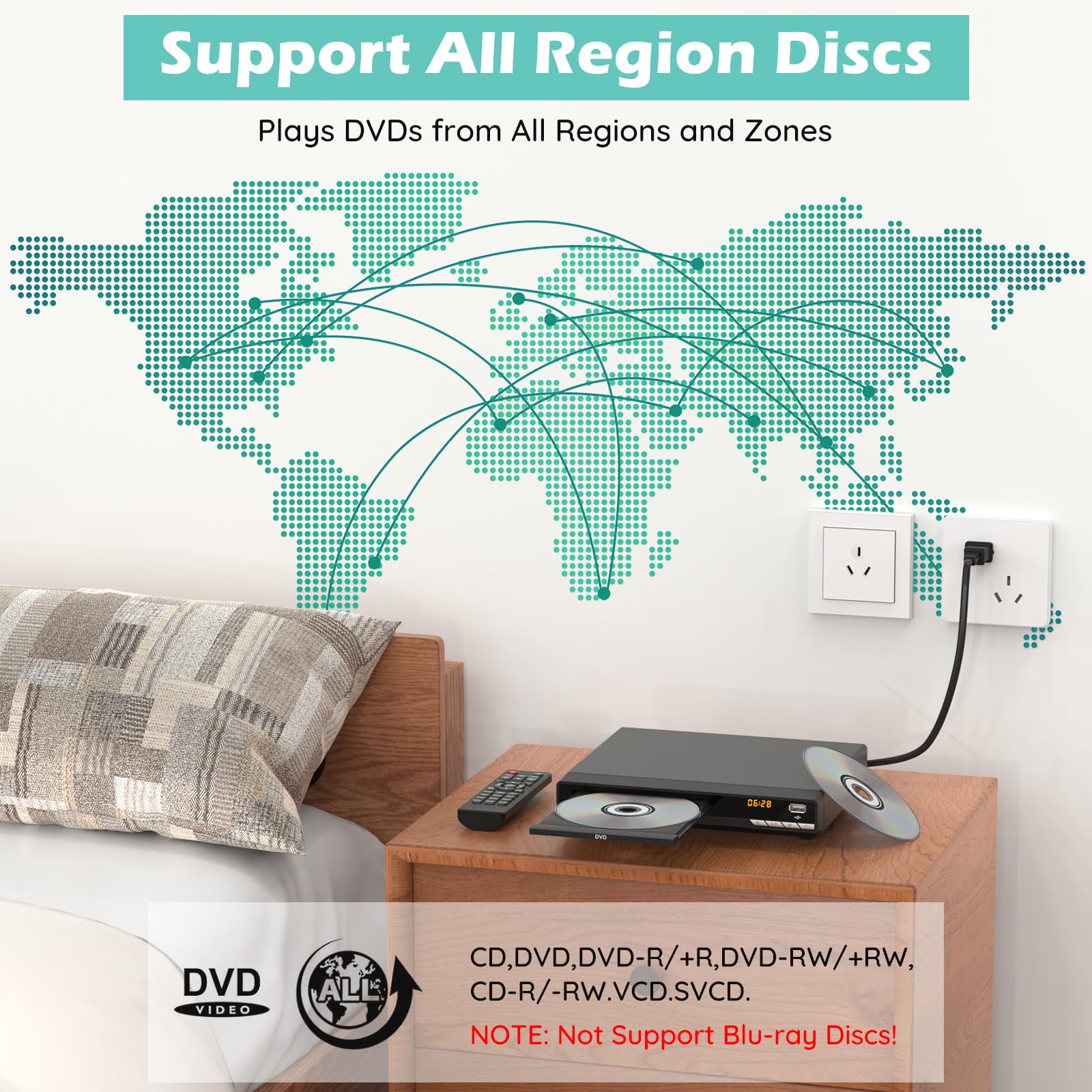 Odtwarzacze DVD do telewizora z HDMI, odtwarzają wszystkie regiony i formaty, odtwarzacze CD do domu, obsługa 1080P Video/CD/DVD/VCD/JPEG/USB, zdalny, HDMI i RCA kable w zestawie (nowy model 2026)