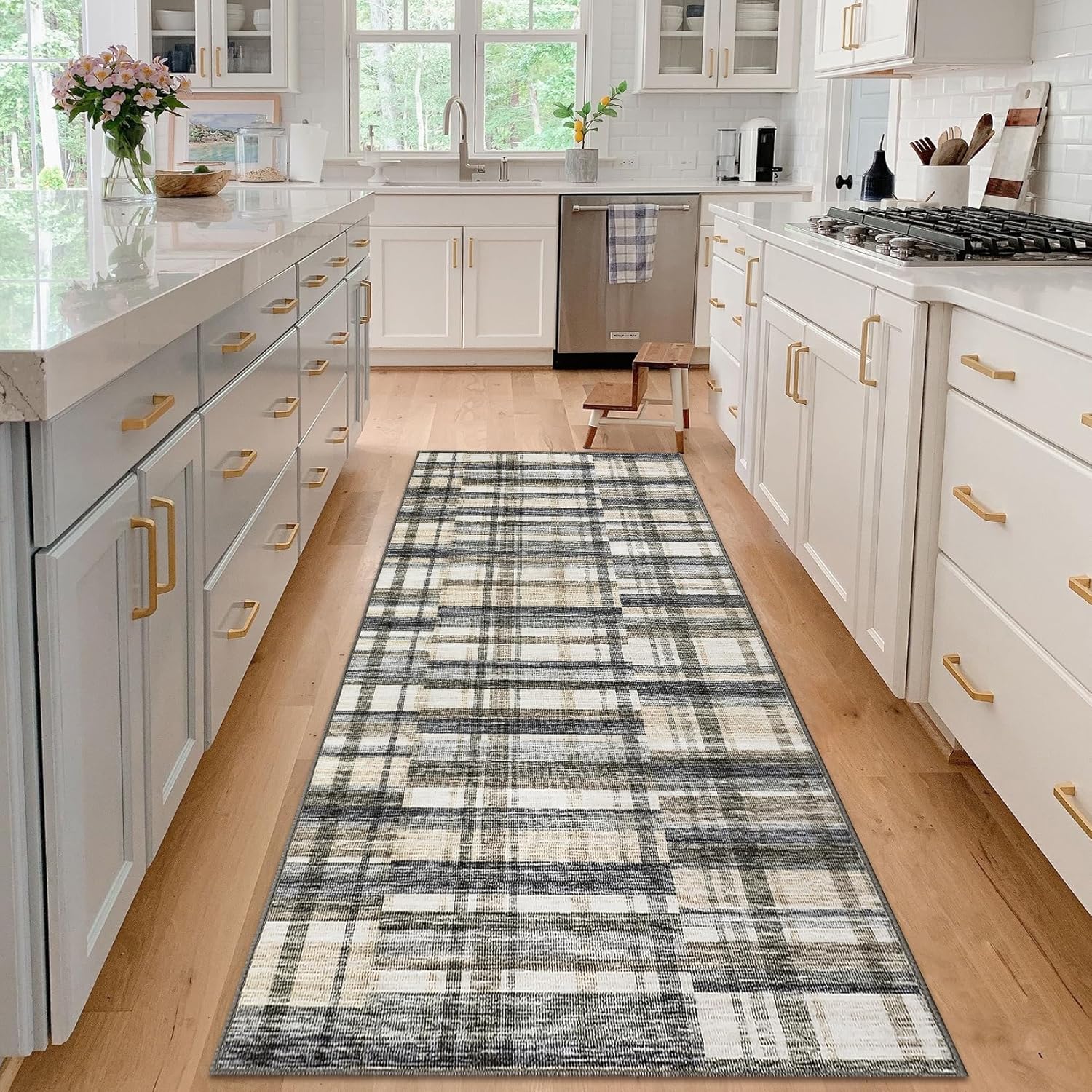 GarveeHome 2x6 Washable Rugs for Bedroom Bedside Distressed Modern Plaid Rug for Entryway Living Room Non Slip Neutral Office Carpet Stain Resistant Farmhouse Floor Cover Grey Blue and Beige