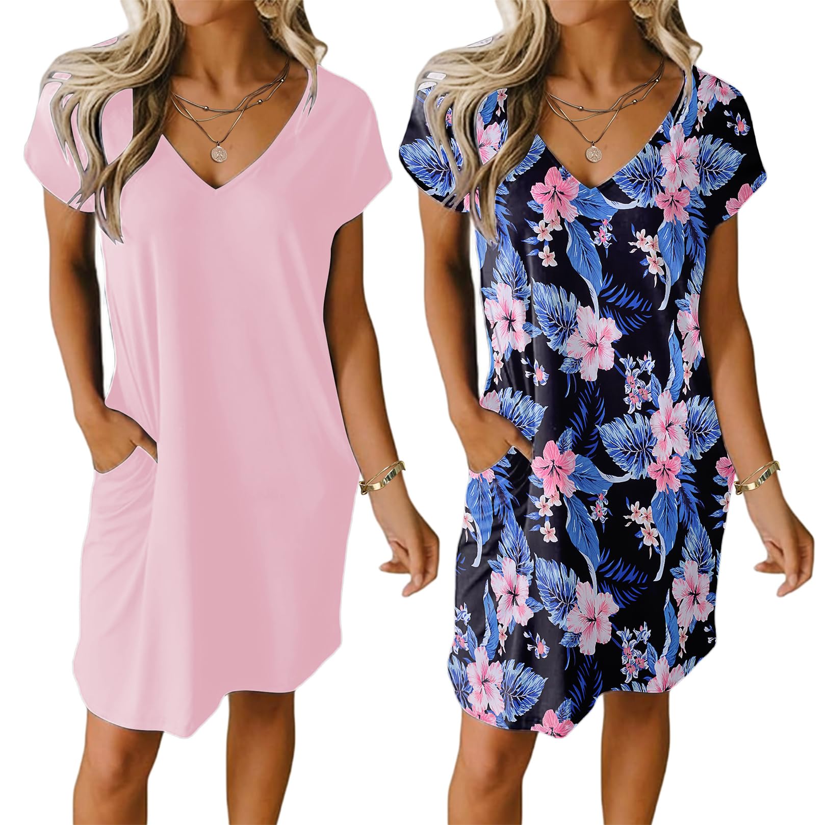 Ekouaer Womens 2 Pack Nightgown V Neck Sleepshirt Short Sleeve Nightshirt Plain/Floral Pajama Dress with Pockets