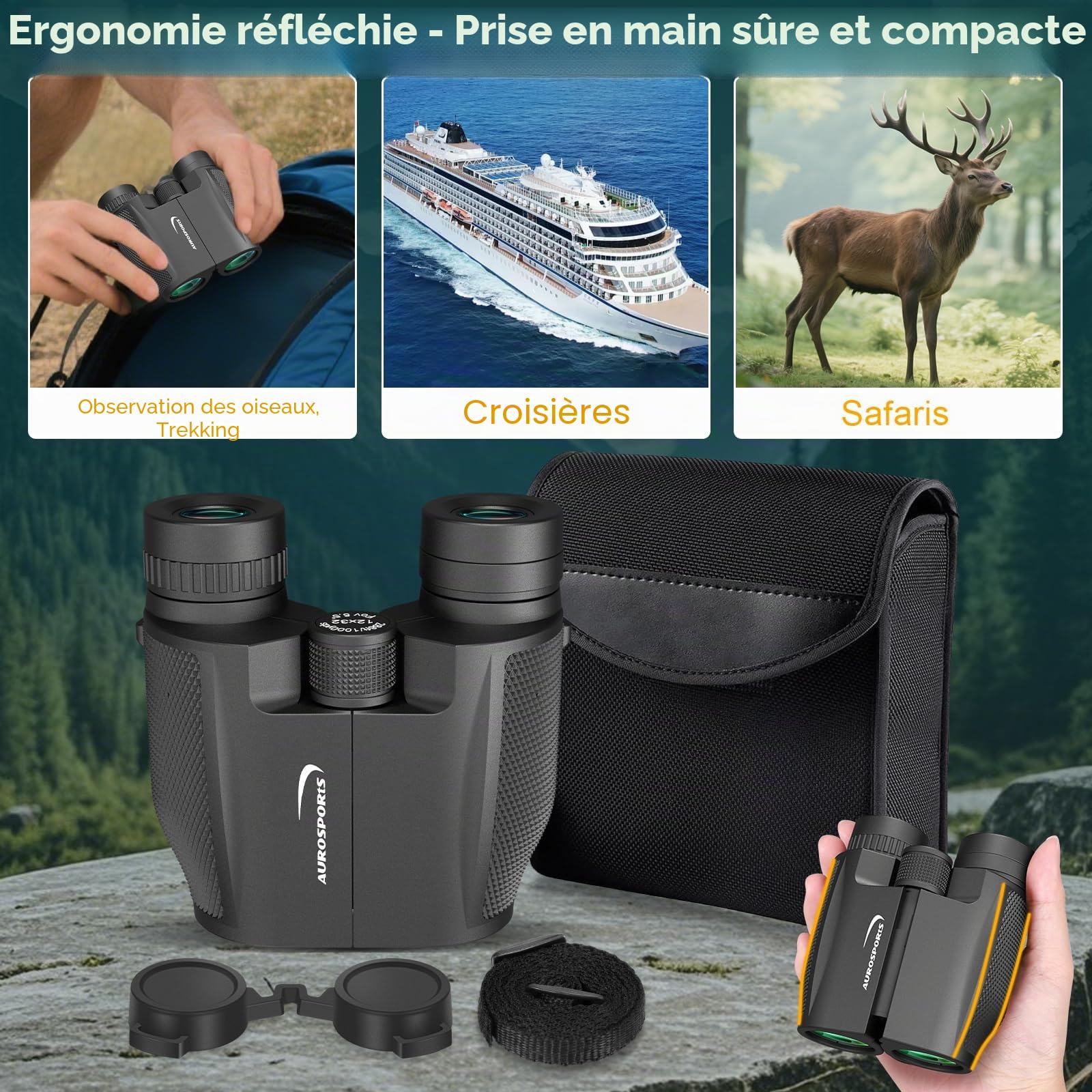 Aurosports Jumelles 12 x 32 pour adultes et petits enfants - Compacts et haute définition jumeau idéaux pour l'observation des oiseaux, les voyages et la chasse
