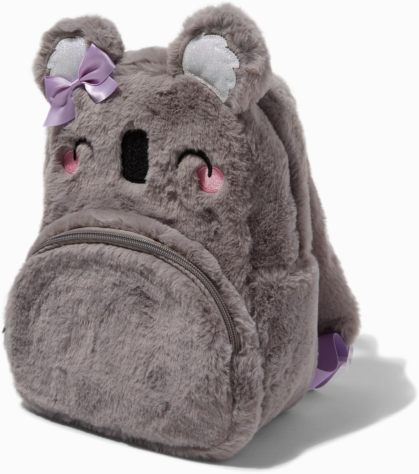 Claire's Club Furry Koala Backpack (10W x 14H x 5D inches), Toddler School Bag, Accessory for Little Girls Age 3-8, Cute Grey Furry Koala Bag with Purple Bow