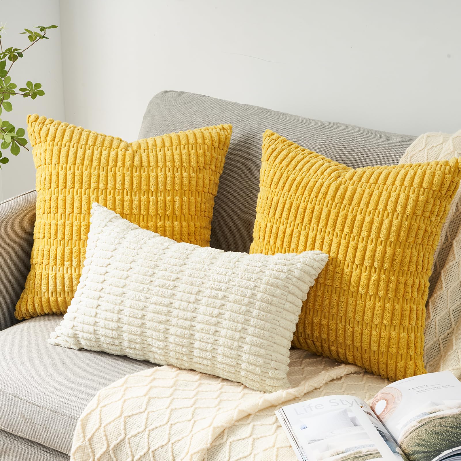 Topfinel Yellow Cushion Covers 40cm x 40cm,Corduroy Decorative Fluffy Pillows Cases,Cushions Cover 16x16 inches with Invisible Zipper for Sofa Bed Livingroom Bedroom,Pack of 2 - Image 3