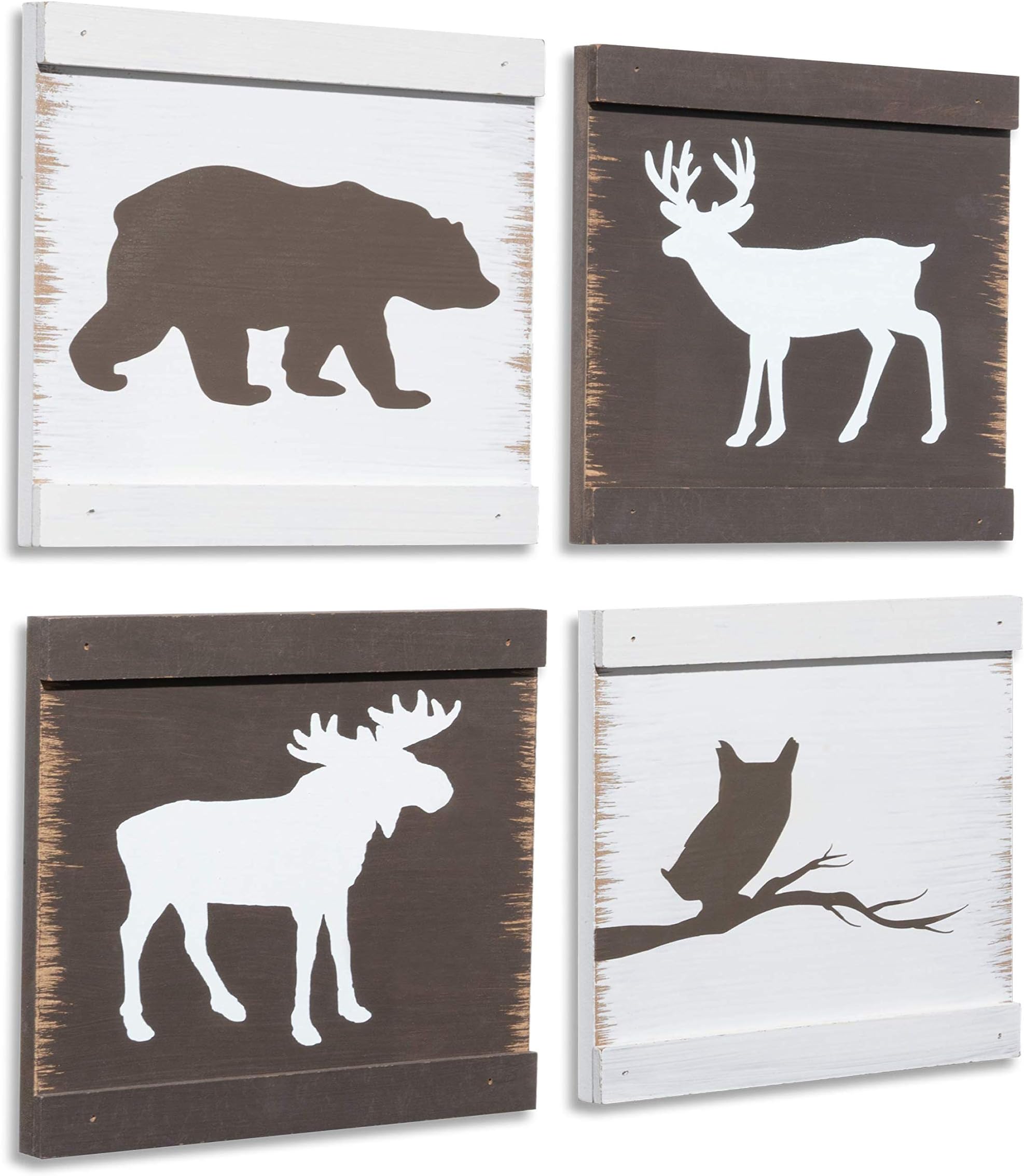 Home Rustique Rustic Cabin Decor Bear Moose Owl and Deer Wooden Wall Decoration (Set of 4, White + Brown) - Woodland Lodge Decor - Hunting Decor - Cabin Wall Decor