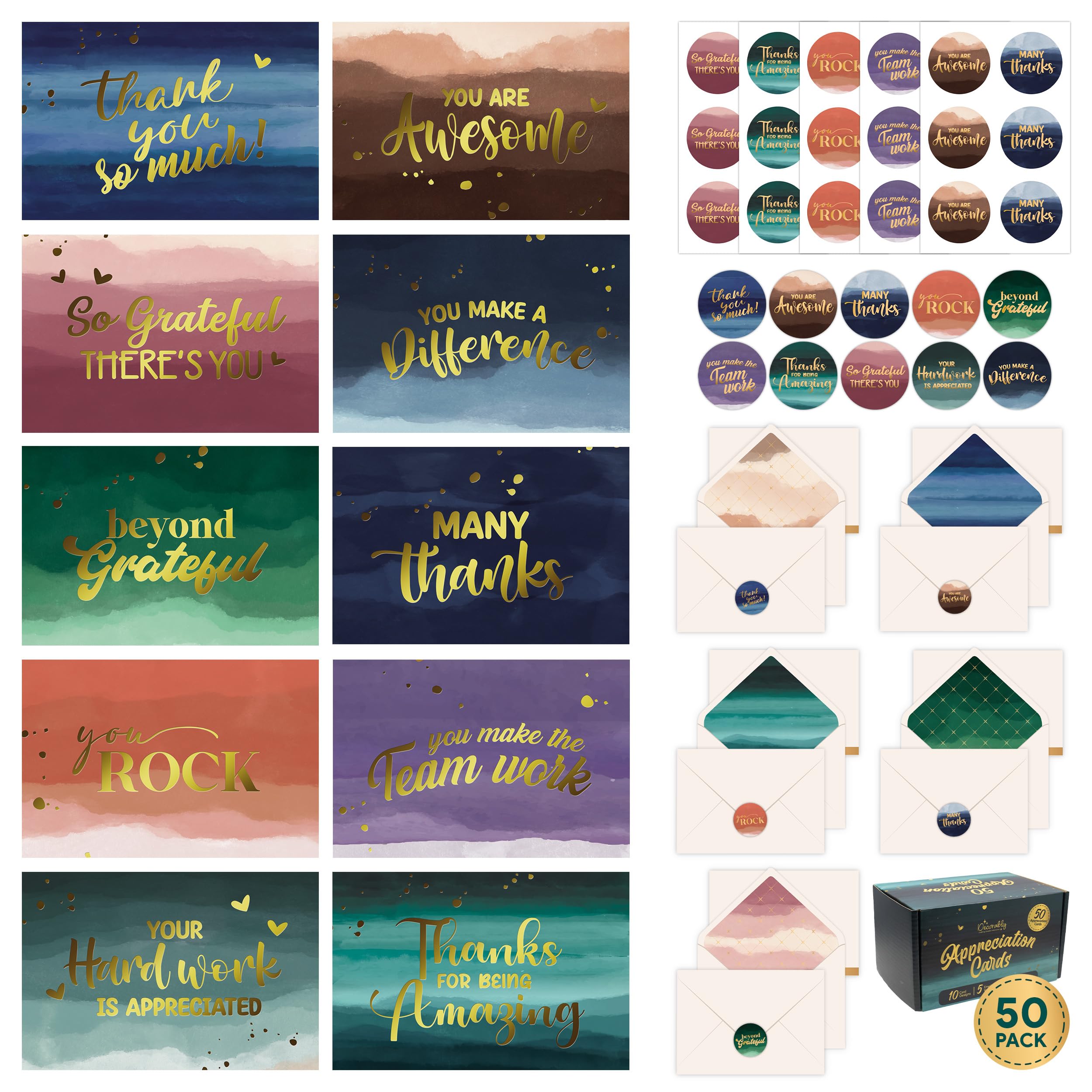 Decorably 50 Pack Gold Foiled 6x4in Employee Appreciation Cards with Envelopes and Stickers, 10 Designs Folded Employee Thank You Cards for Employees, Blank Inside - Promotion, Work Anniversary