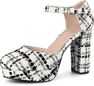 Allegra K Women's Plaid Cap Toe Slingback Pumps - Navy Blue Chunky Heel, 3 Inch Heel Height, Size 8 M US