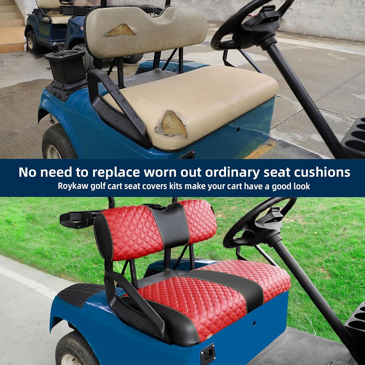 Roykaw Golf Cart Seat Covers Kit Fit for EZGO TXT OEM Ordinary Seat Cushion, Marine Grade Vinyl Material/More Soft and Comfortable, Breathable & Easy to Clean