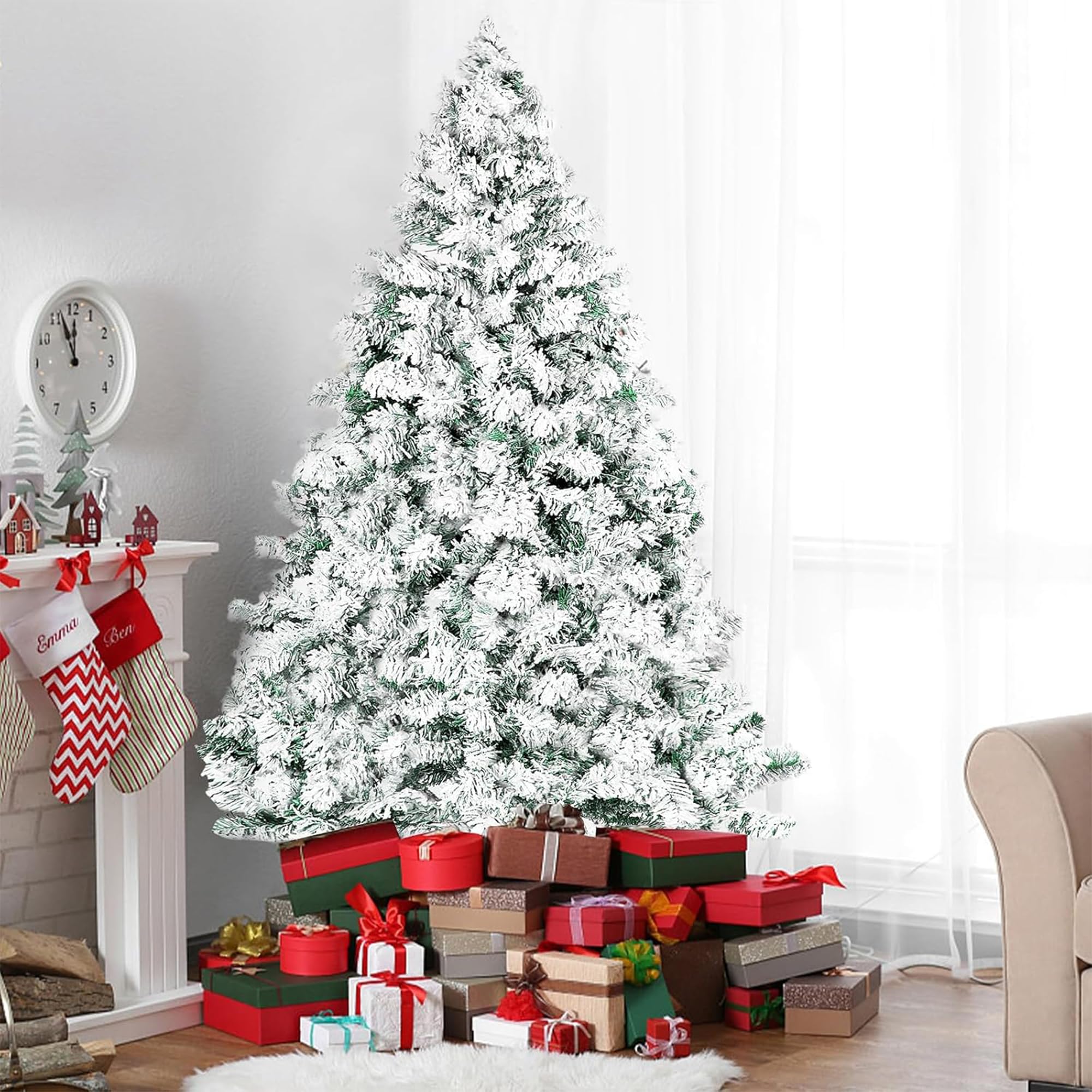 Carnavalife, Arbol Navidad Flocado, Arbol Navidad con Nieve, Decoración de Navidad Artificial, Blanco con Base Metálica, Arbol Navideño nevado (150CM 300T)