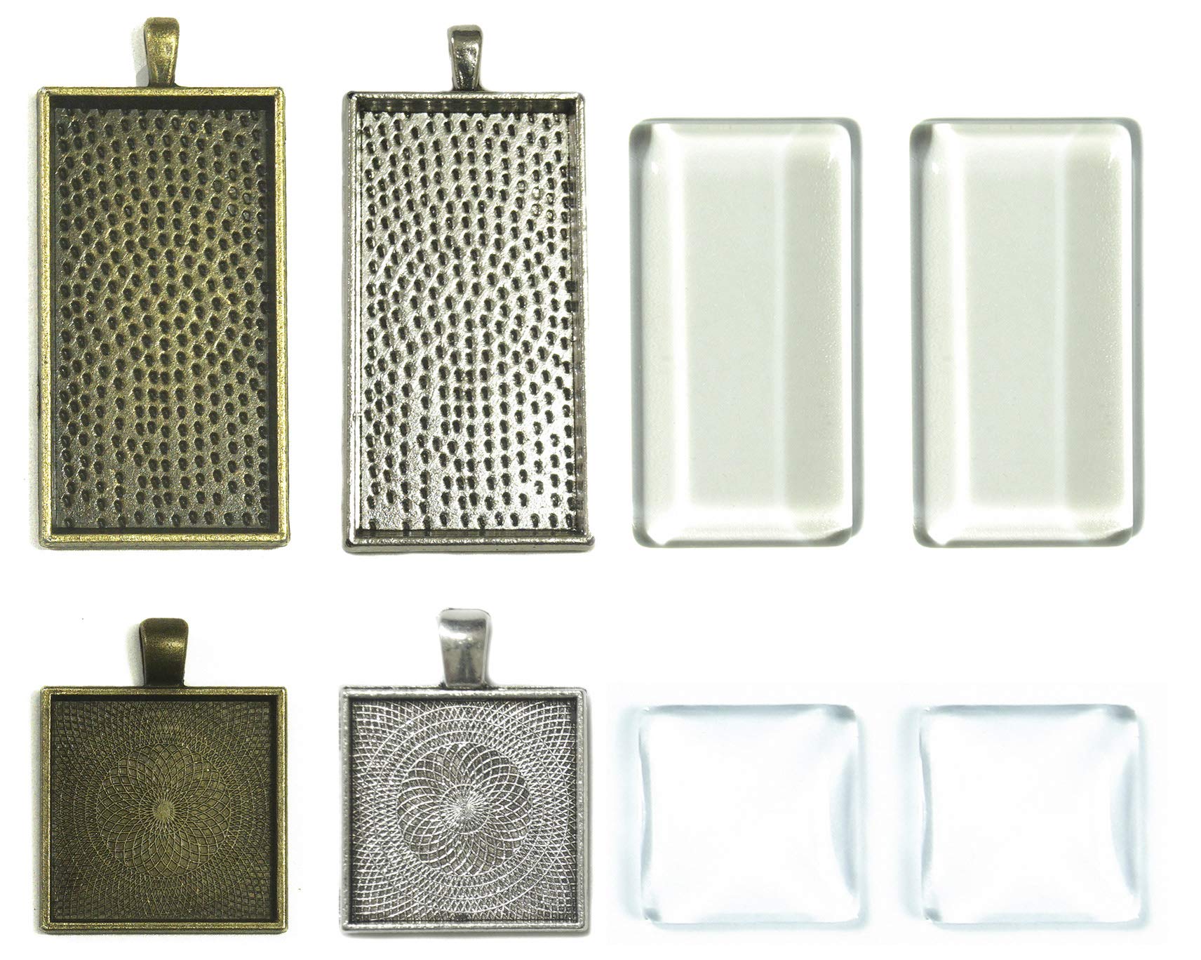 All In One Mixed Styles Cabochon Set: 20pcs Cabochon Frame Tray Pendant with 20pcs Glass Dome for DIY Jewelry Making Jewelry Making DIY Findings (Rectangle + Square - 20 Sets)