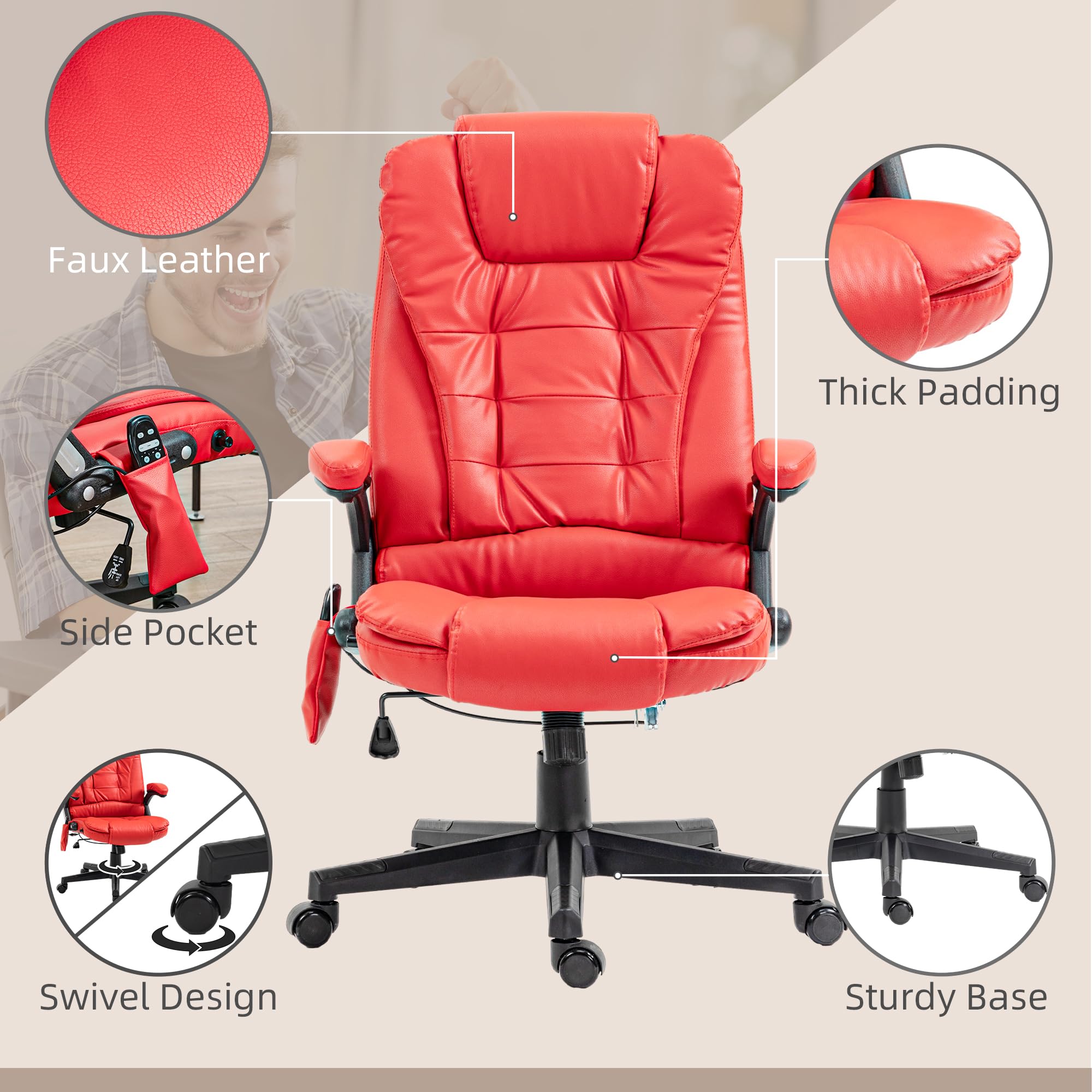 HOMCOM High Back Vibration Massage Office Chair with 6 Vibration Points Heated Reclining PU Leather Computer Chair with — view 7
