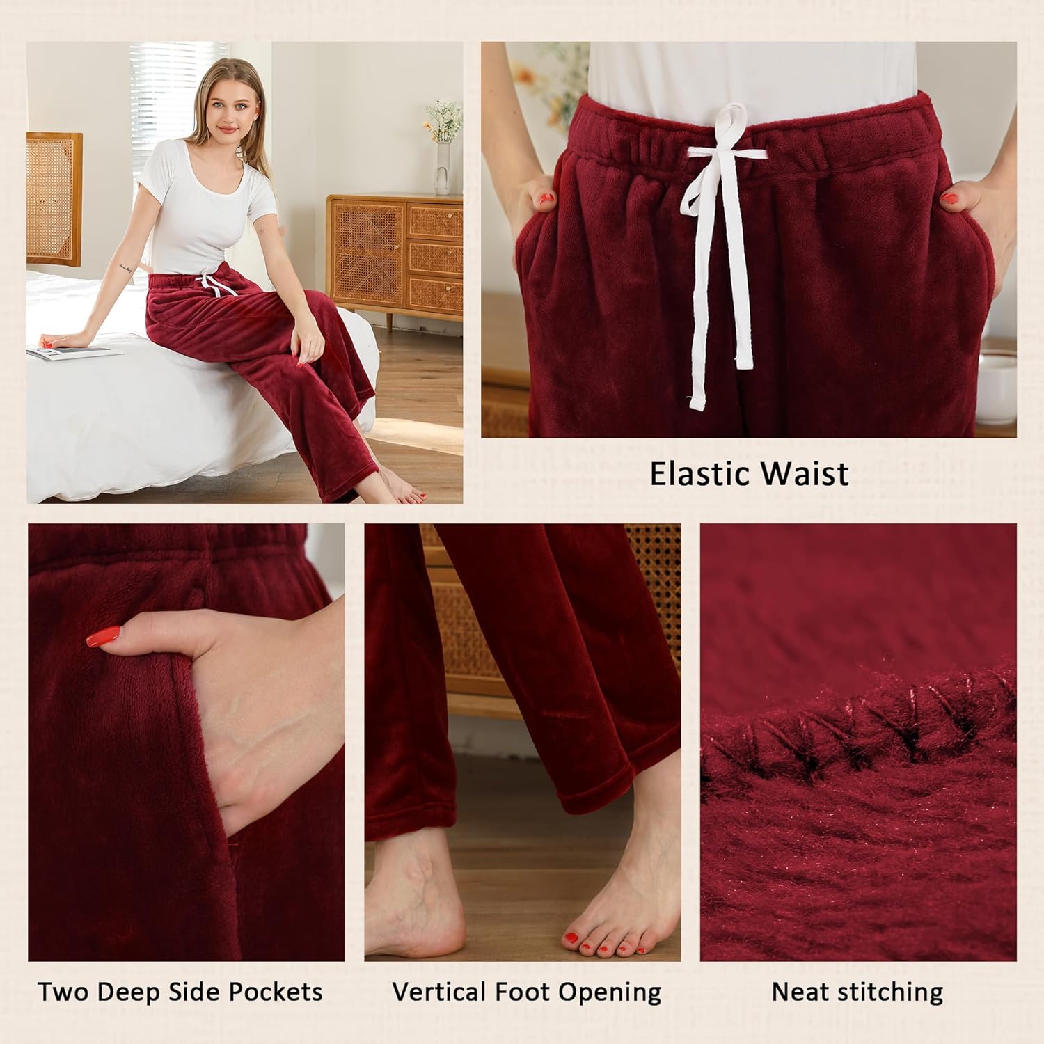 LYCY Womens Fleece Pajama Pants, Drawstring Lounge Pjs Plush Bottoms Warm Sleepwear with Pockets Comfy Winter - Image 3