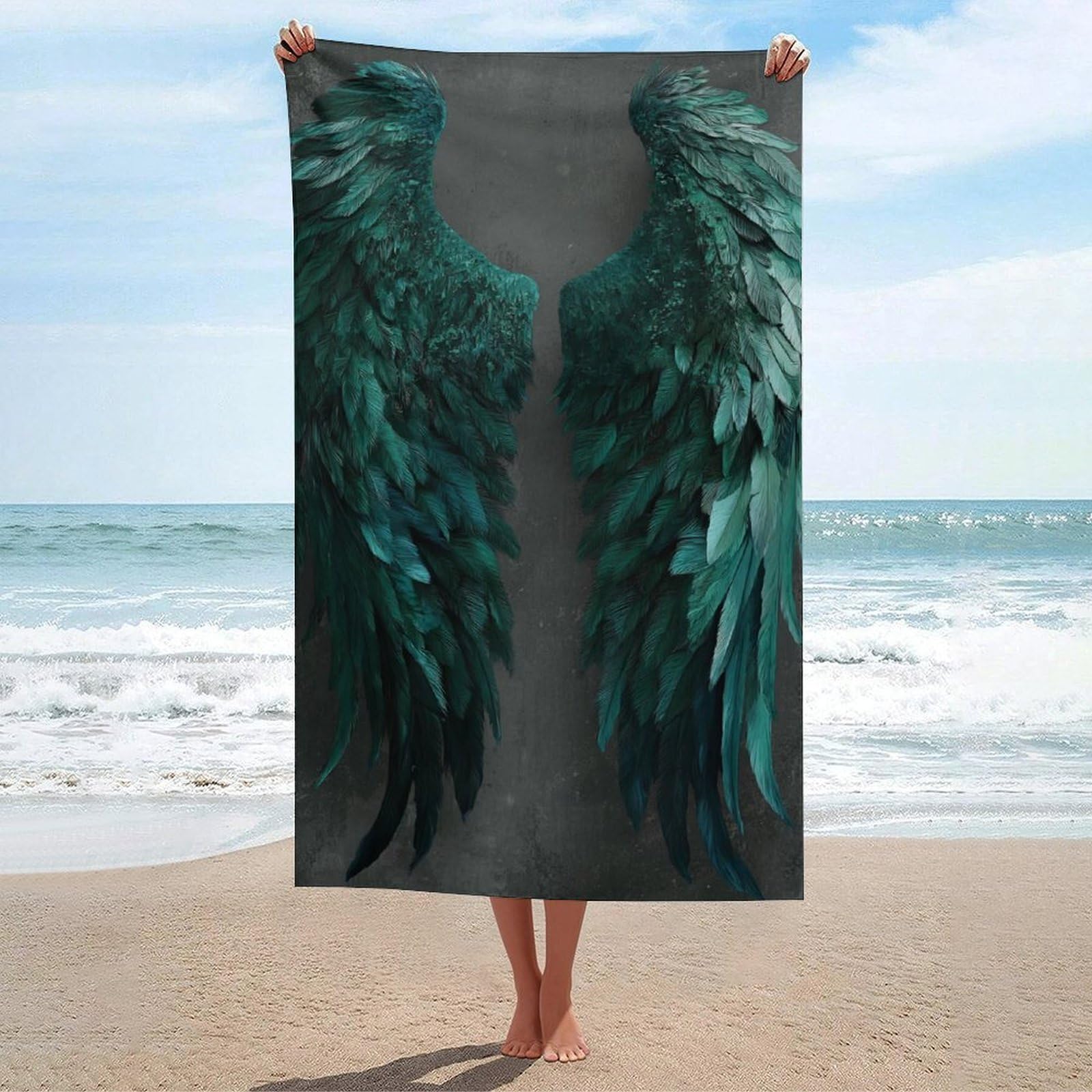 asbwuo Emerald Green Angel Wings DarkBeach Towel