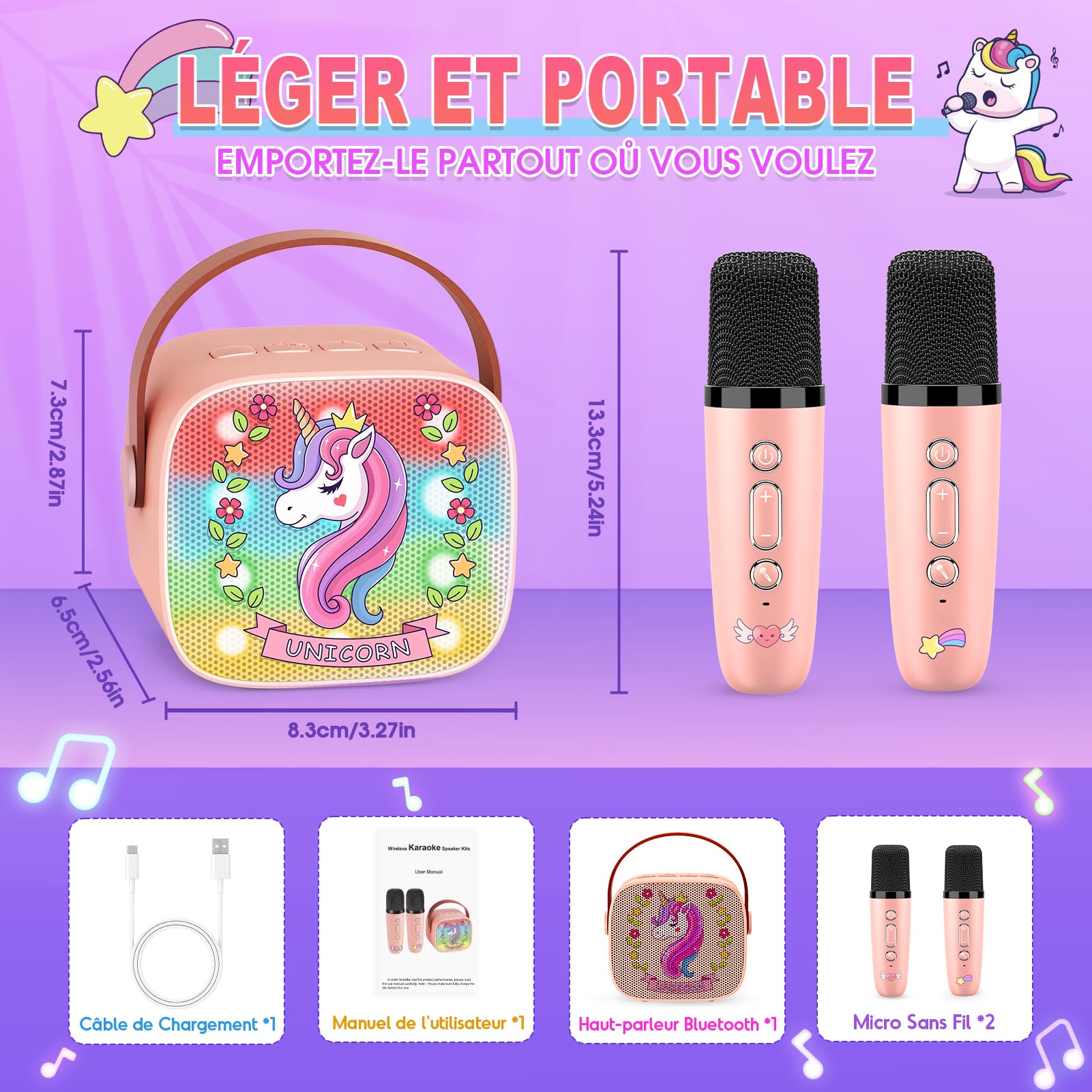 Dislocati Micro Karaoke Enfant avec 2 Micro sans Fil Bluetooth, Cadeau Fille 3-12 Ans Microphone Karaoké Jouet Fille 3-12 Ans Micro Enfant pour Chanter Fille Cadeau de Noel Enfant Licorne