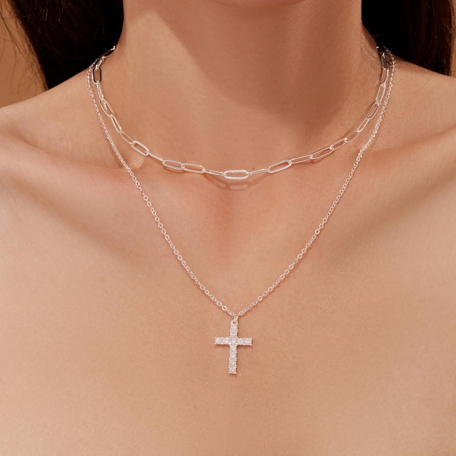 Layered Gold Necklaces for Women, Stackable Dainty 14K Gold Silver Plated Trendy Simple Heart Diamond Cross Bow Circle Pendant Paperclip Choker Dot Chain Necklace,Jewelry Set Gifts for Women - Image 8