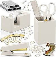 KIBAGA Aesthetic Gold Desk Organizer Set - Complete Office Supplies for Women & Men: Stapler, Tape Dispenser, Scissors, Pen Holder & More