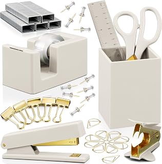 KIBAGA Aesthetic Gold Desk Organizer Set - Complete Office Supplies for Women & Men: Stapler, Tape Dispenser, Scissors, Pen Holder & More