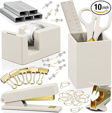 Aesthetic Desk Accessories Set - A Complete Desktop Organizer Set For Women Enhances Any Office Decor - An Office Supplies Kit w Gold Finish incl. Pen Holder, Scissors, Stapler, Tape Dispenser & More