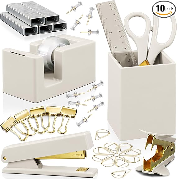 Aesthetic Desk Accessories Set - A Complete Desktop Organizer Set For Women Enhances Any Office Decor - An Office Supplies Kit w Gold Finish incl. Pen Holder, Scissors, Stapler, Tape Dispenser & More