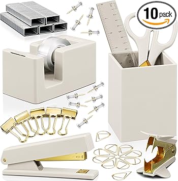 Aesthetic Desk Accessories Set - A Complete Desktop Organizer Set For Women Enhances Any Office Decor - An Office Supplies Kit w Gold Finish incl. Pen Holder, Scissors, Stapler, Tape Dispenser & More