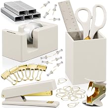 Aesthetic Desk Accessories Set - A Complete Desktop Organizer Set For Women Enhances Any Office Decor - An Office Supplies Kit w Gold Finish incl. Pen Holder, Scissors, Stapler, Tape Dispenser & More