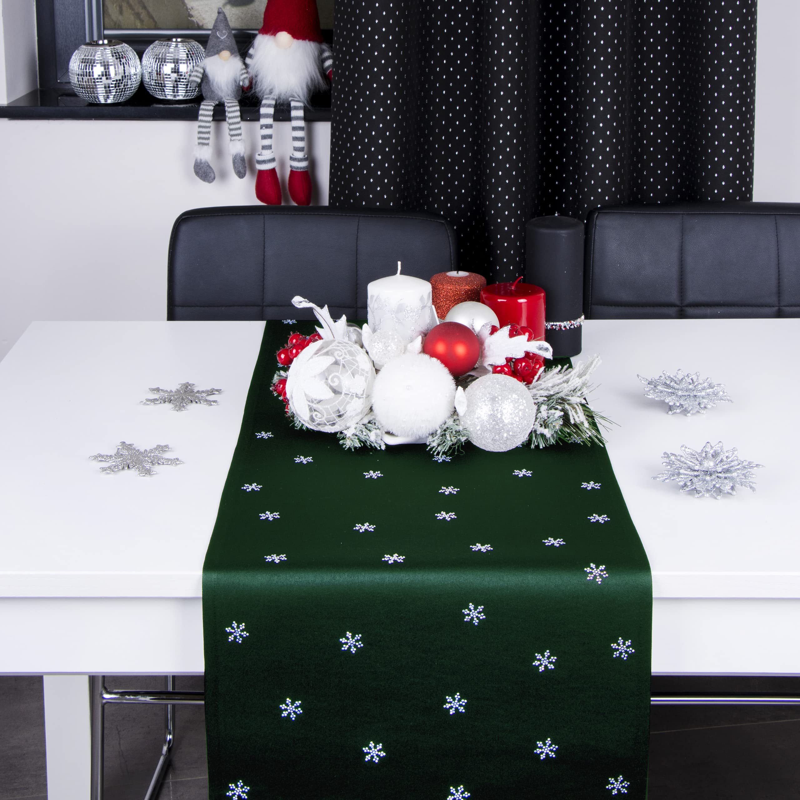 Tischläufer für Weihnachten - schmutzabweisendes Tischband, 40 x 220 cm, Dunkelgrün, Weinachtstischläufer aus 200 g/m² Stoff, Kristallen in Form von Schneeflocken, hergestellt in der EU