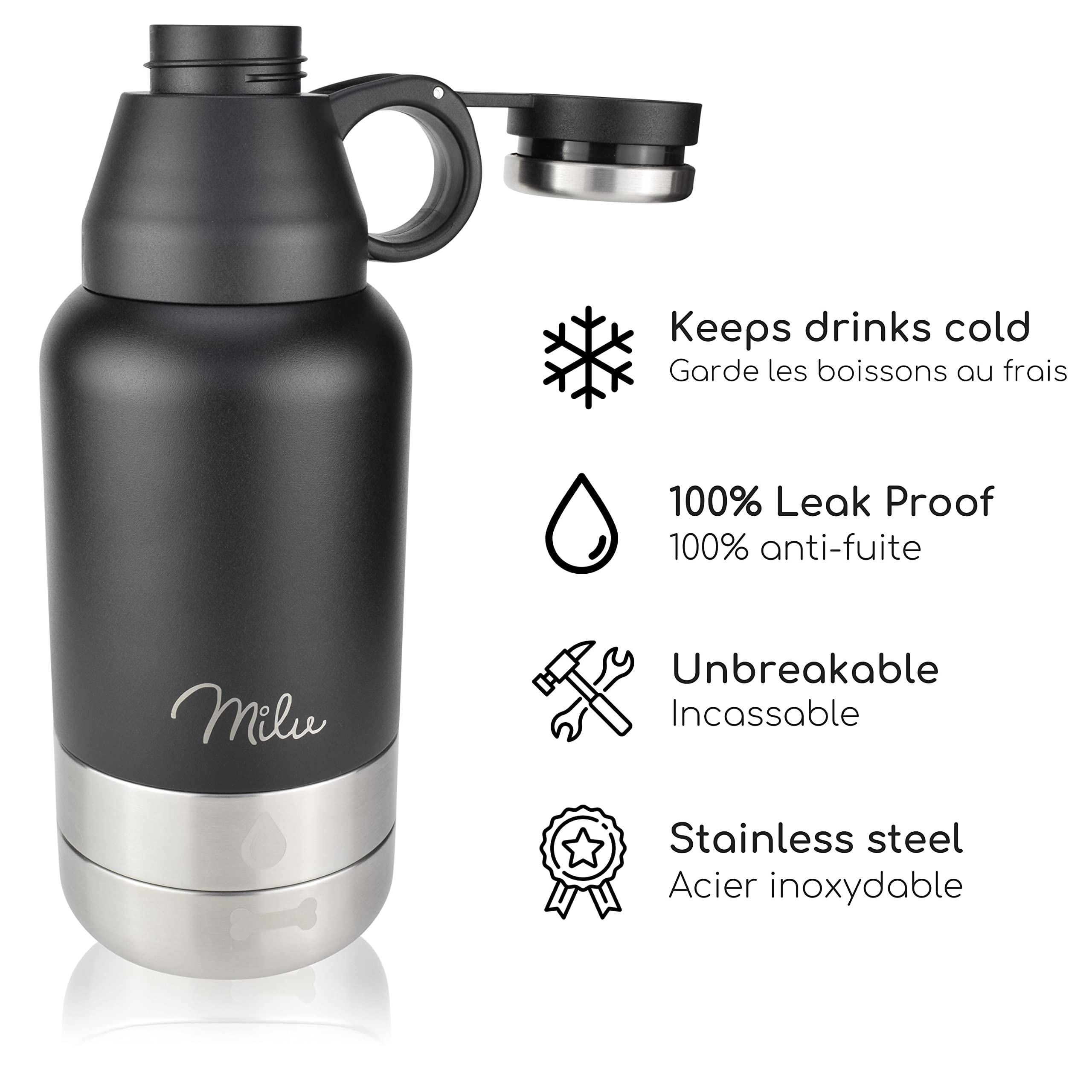 Milu Bouteille d'eau pour Chiens 950ml - Bouteille d'eau avec écuelle, Bouteille d'eau pour Chiens isolée en Acier Inoxydable, Bouteille pour Chiens avec récipient de Nourriture