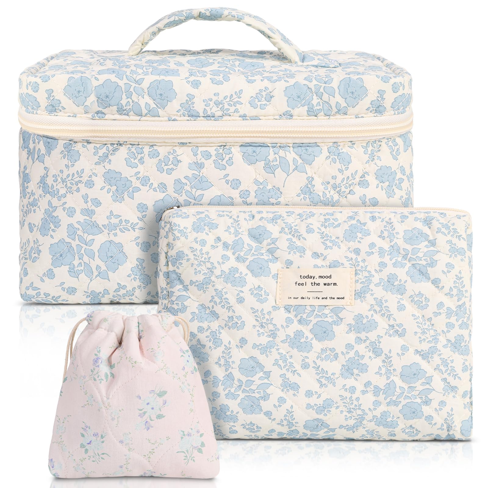 Halinuia 3 Piezas Maquillaje, Neceser Maquillaje Grande Neceser Viaje Mujer de Algodón Organizador Bolsa de Aseo con Estampado Floral para Maquillaje Necessaire Viajes Accesorios de Mujer