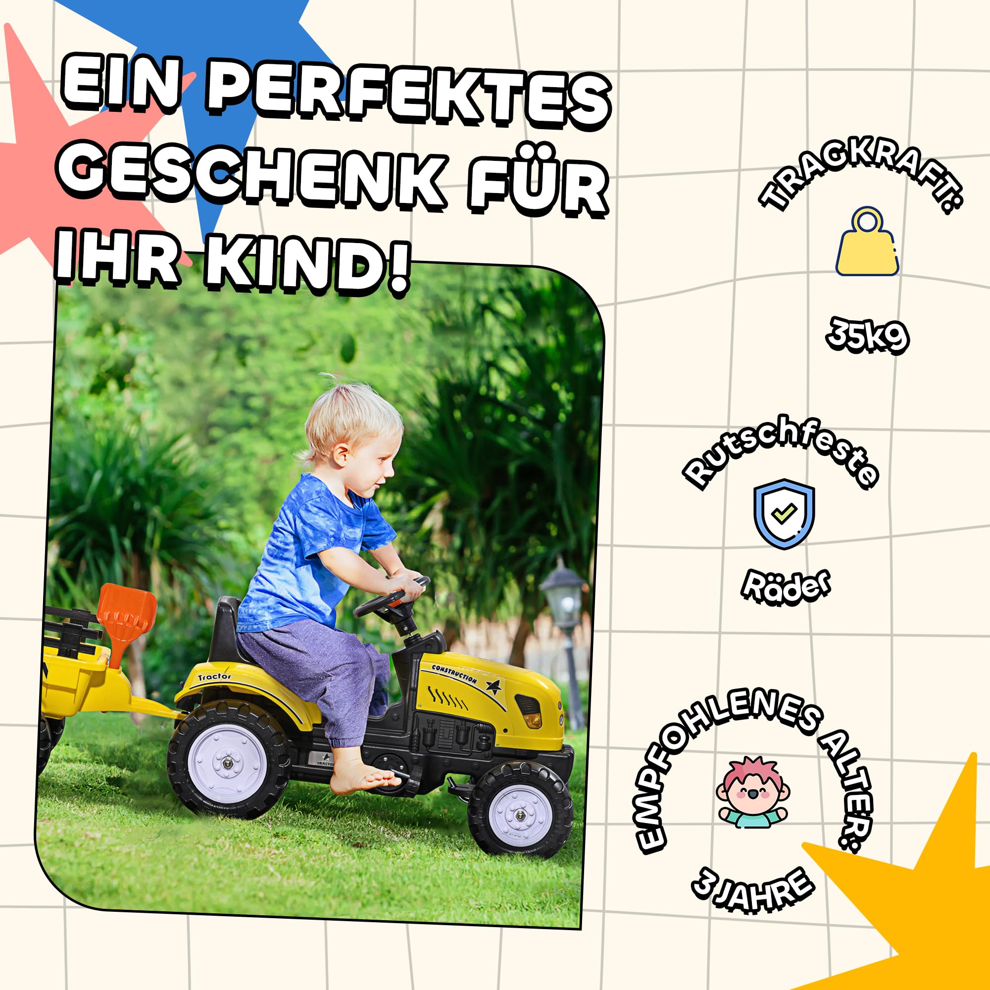 HOMCOM Traktor pedałowy z przyczepą, traktor pedałowy, dla dzieci od 3 lat, do użytku na zewnątrz, do ogrodu, metalowy, żółty, 133 x 42 x 51 cm